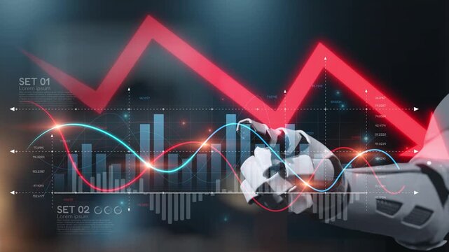 A robotic hand interacts with digital graphs and charts, representing financial trends and analysis, highlighting the intersection of technology and finance in modern data interpretation. Salient