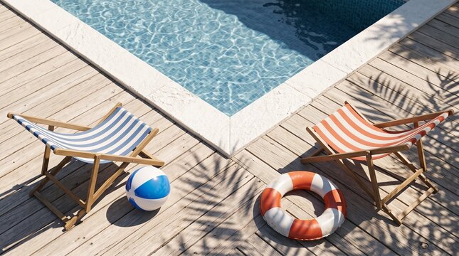 Sunny poolside wooden deck with striped lounge chairs, beach ball and lifebuoy ring