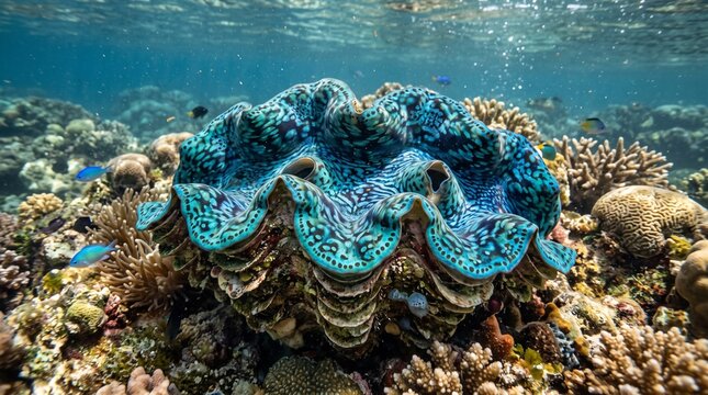 Giant Clam With Blue Patterned Mantle on Reef
