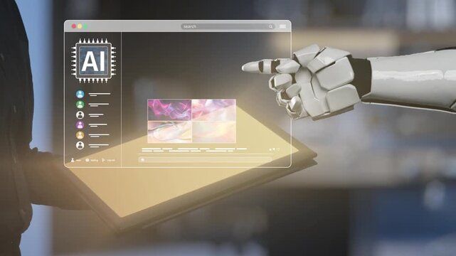 A unique interaction between human hands and a robotic arm as they navigate an artificial intelligence interface on a laptop, illustrating modern tech innovation and collaboration. Salient