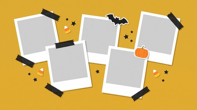 halloween memory board with five empty instant photo cards on mustard yellow background, featuring decorative black washi tape, flying bat, orange pumpkin, candy corn and scattered stars for festive