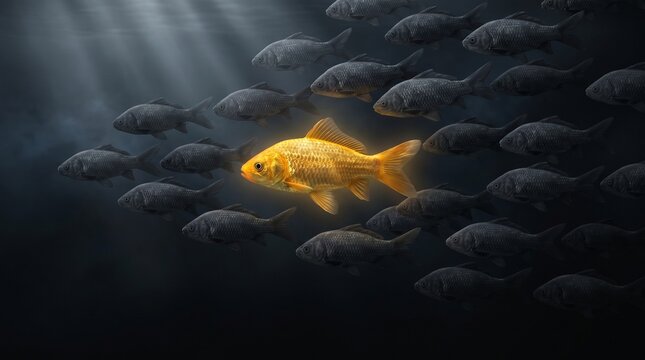 A golden goldfish swimming against the current of a large school of dark fish in murky water with light rays.