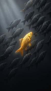 A golden fish swimming against the current of a dark school of fish, illuminated by a beam of light.
