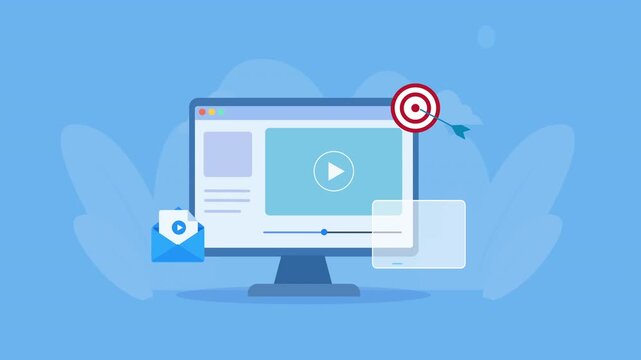 Flat vector animation showing a desktop monitor with a video player, email promotion, target icon, and rising bar chart for digital marketing analytics and campaign performance tracking.