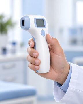 Doctor holding a generic non-contact infrared forehead thermometer in a clinical setting  