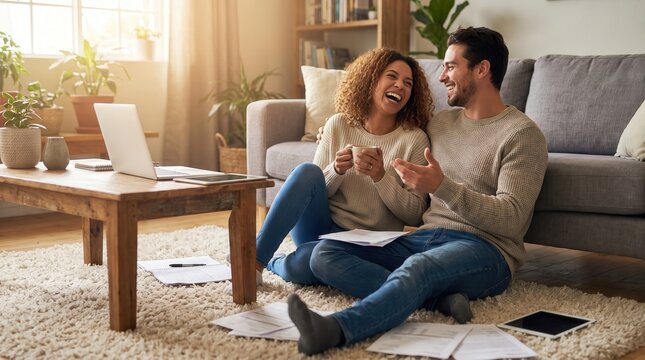 Diverse young couple laughing and talking while sitting on the floor with laptop and paperwork, sharing positive financial planning and happy domestic life for personal finance marketing.