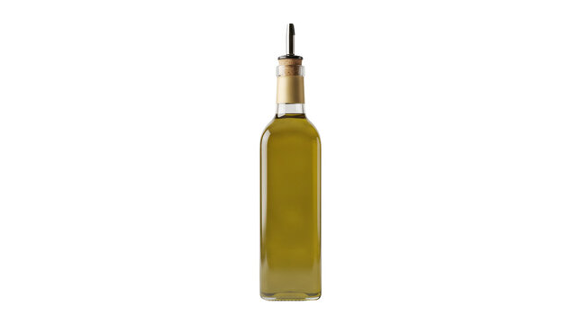 Extra virgin olive oil bottle with pour spout, clear glass condiment dispenser, golden liquid cooking ingredient for gourmet culinary preparation isolated PNG with Transparent Background