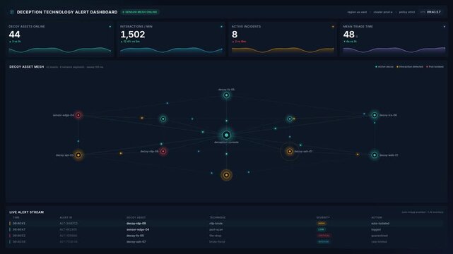 Cyber security deception technology alert dashboard with decoy asset mesh live threat detection, for network defense, incident response, 4k monitoring