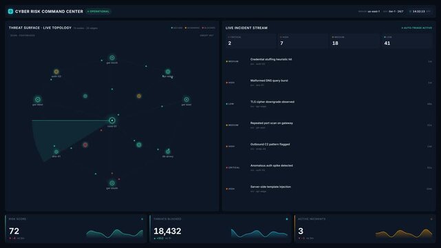 Cyber security operations center dashboard with live threat detection, network topology, incident monitoring, for digital defense risk management in 4k