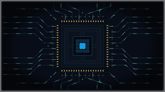 Digital microprocessor hardware board with neon circuit tracks, data flow technology, CPU computing system, server network pulse