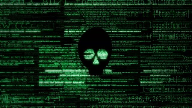 Abstract 3d animation of glowing green digital code and data streams with a central skull icon background