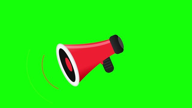Red megaphone bullhorn icon with sound waves on green screen chroma key background, 2D flat vector illustration for marketing, alerts, and announcements.
