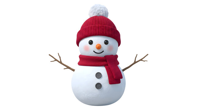 3D rendered cute snowman featuring a red knitted winter beanie with a white pompom, a matching red scarf wrapped around its neck, twig arms, an orange carrot nose, and two dark buttons on the body