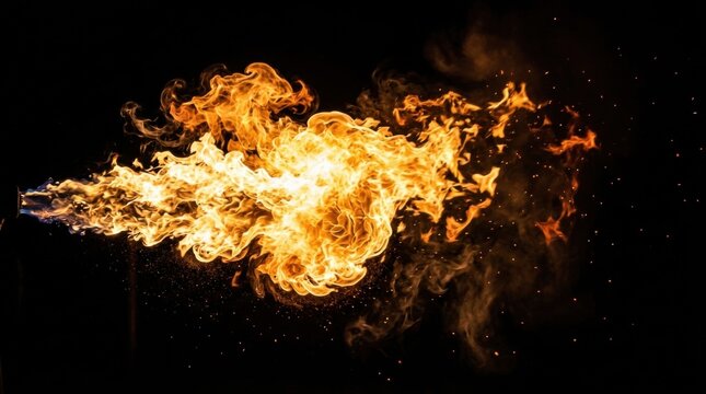 A powerful jet of bright orange flames erupting from a nozzle against a dark background in horizontal orientation with incandescence