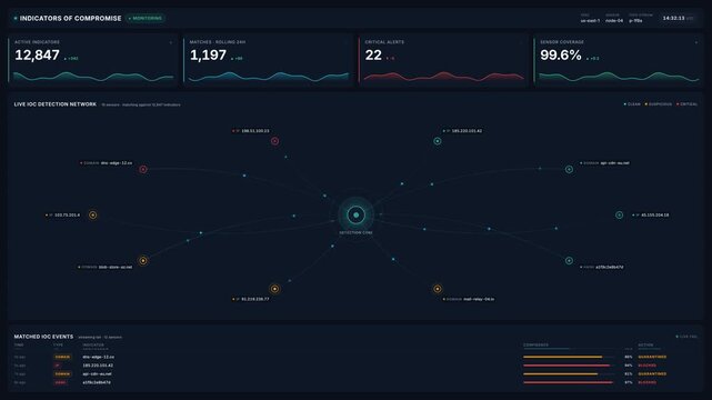 Cybersecurity monitoring dashboard with indicators compromise detection network with live threat alerts, 4k digital interface for data security risk analysis