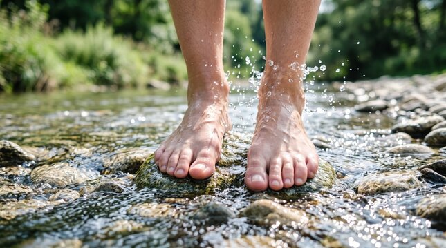 Close-up of bare feet standing on wet rocks in shallow clear stream, splashing water droplets, summer nature relaxation, hiking adventure, connecting with outdoors