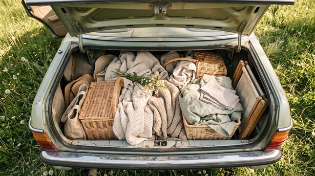 Vintage car trunk filled with picnic essentials and blankets in a grassy field