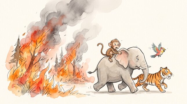 Watercolor Style Drawing of a Kalimantan Borneo Forest Fire Disaster with Animals: Elephant Monkey Tiger and Hornbill Fleeing the Inferno 
