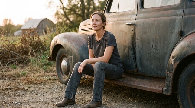 Woman sitting on vintage car in rural setting with barn in background