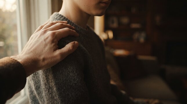 A comforting hand rests on a young person's shoulder indoors