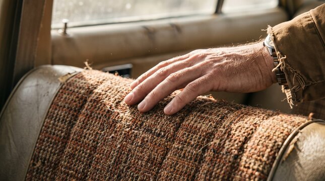 Close up of a man's hand resting on a worn car seat with a textured fabric