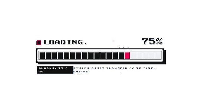 Pixel art progress bars showing data transfer status from loading to completion stages with evolving partial loading percentage