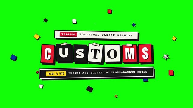 Political jargon archive graphics featuring no deal customs and referendum text labels against a bright green background