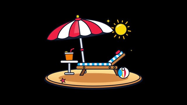 Summer beach relaxation scene featuring a lounge chair under a striped umbrella minimalist vector illustration with cycle beach