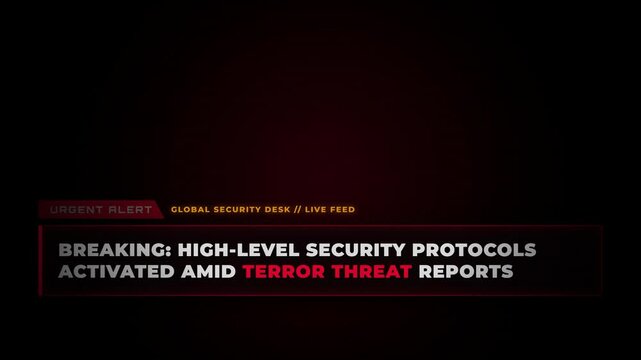 Urgent breaking news lower third graphic displaying high level security protocols alert message against dark background with red
