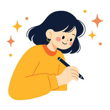 Flat Cartoon Woman Writing with Pen, Creative Note Taking and Education Illustration
