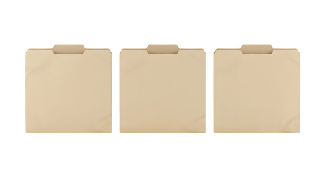 Three identical manila file folders arranged side by side in a horizontal row on a solid white background showcasing a clean minimal d rendered digital illustration style with soft drop shadows