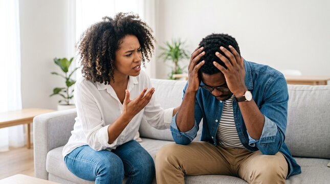 Stressed couple having an argument on the sofa at home