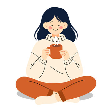 Flat Cartoon Cozy Woman Drinking Hot Coffee in Sweater, Relaxing Winter Lifestyle Illustration