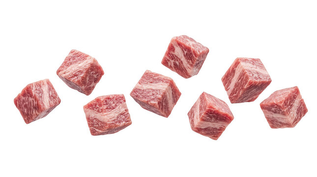 Fresh marbled beef cubes floating isolated on transparent background
