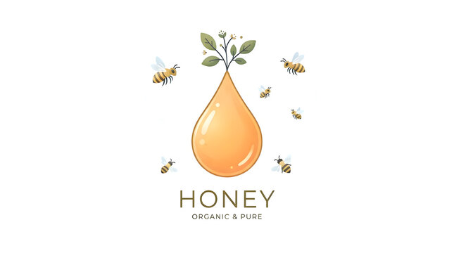 Golden drop of honey with buzzing bees and small leaves on white background