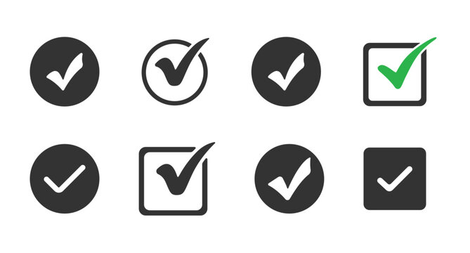 Set of check mark icons with tick symbols in circles and square checkboxes, approval, survey, test and voting design elements.