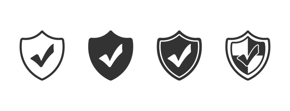 Shield check mark icon set representing cybersecurity, guarantee, safety, quality assurance, and protection in outline and glyph vector silhouette, security shield protection icon with tick symbol.