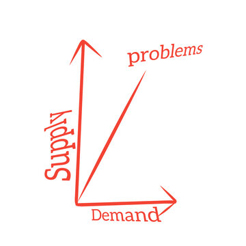 Economic supply and demand graph concept showing rising problems with red lines on transparent background