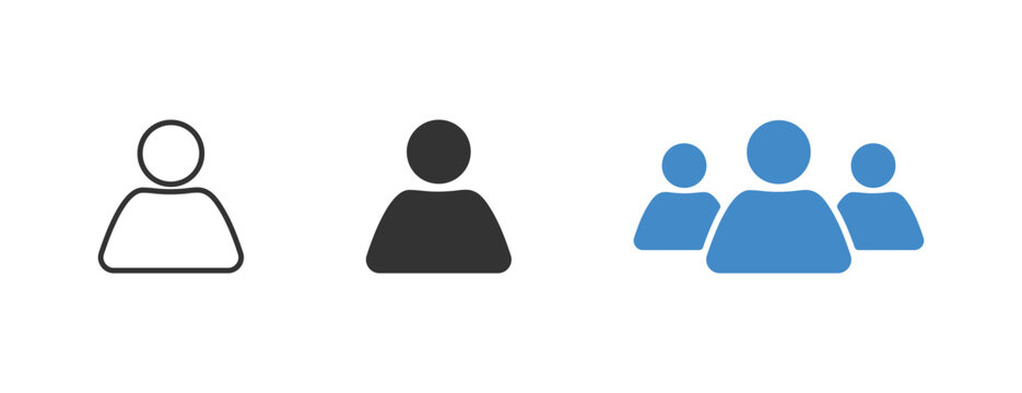 Minimalist user and team icon set featuring single profile silhouette, outline person symbol, and group of users for digital interface design.