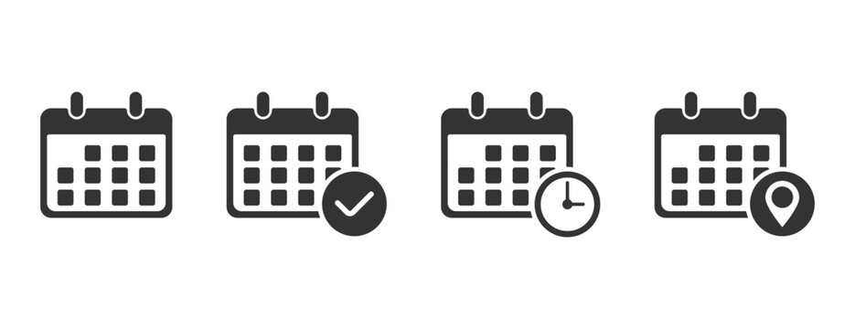 Calendar vector icon set, calendar icon with check mark, clock, and location pin for scheduling, event planning, appointment booking, and time management vector.