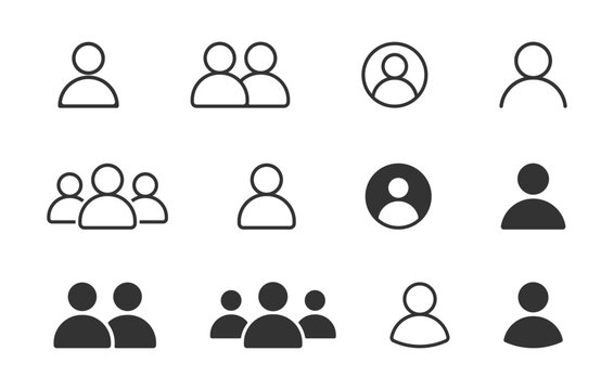 User avatar icon set, user profile and group icon set with outline and silhouette symbols for web design, account avatars, team members, and social network.