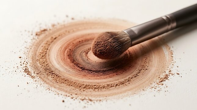 Cosmetic makeup brush with beige face powder circle. eyeshadow brush techniques