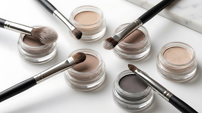 Professional makeup brushes with colorful eyeshadow pots for beauty and cosmetic application. eyeshadow brush techniques