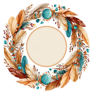 Watercolor feather wreath with turquoise gems and blank beige circle, boho frame