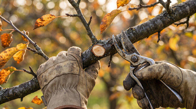 Pruner trimming fruit tree branches in an autumn orchard  