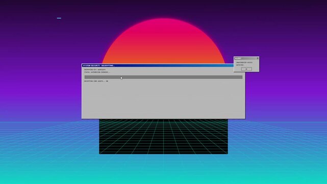 Retro computer loading bar on neon synthwave sunset background