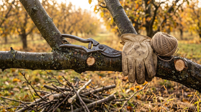 Pruning shears cutting fruit branches with gardening gloves in autumn  