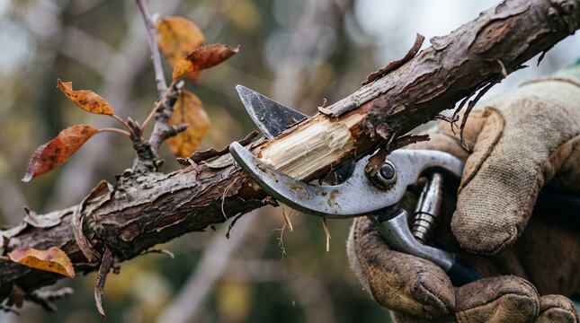 Pruning shears cutting fruit branches in autumn garden  