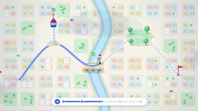 Animated Map Navigation Route with Pedestrian Following City Path