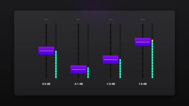 Digital Audio Mixer Interface with Moving Faders and Level Meters for Sound Engineering Concept